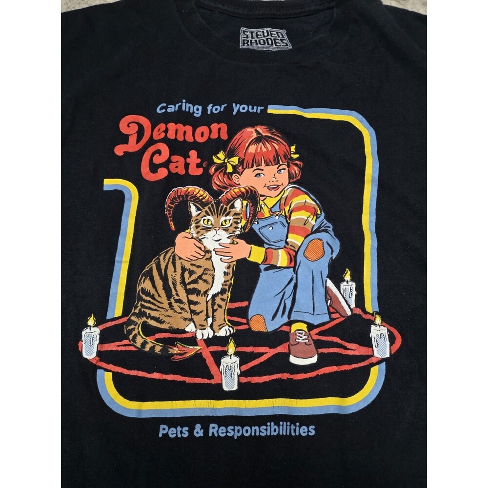 Steven Rhodes Caring For Your Demon Cat Shirt Size L Halloween Black Tee